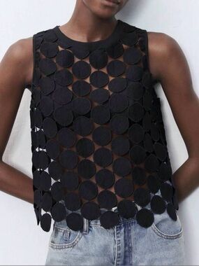 Black Circular Mesh Sleeveless Top